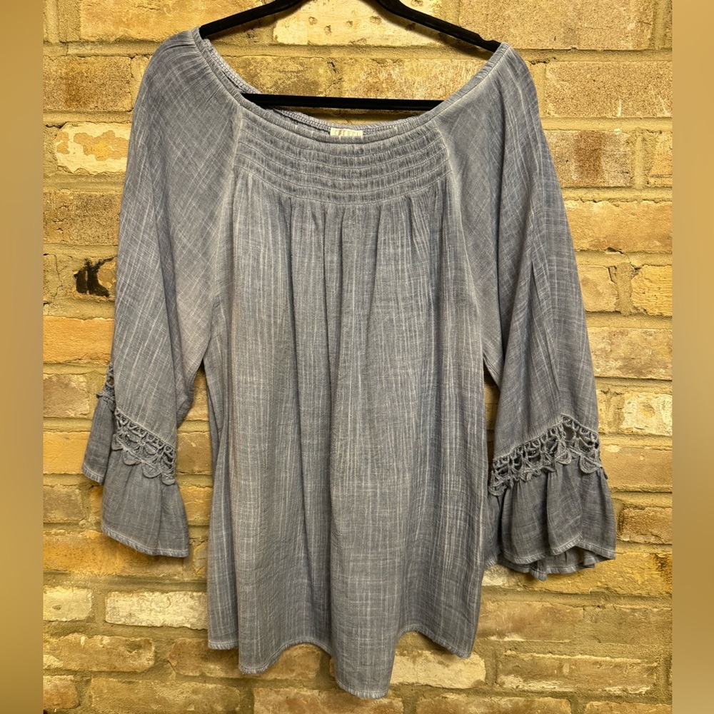 Spense Womans Blue Bell Sleeve BOHO Blouse w/Crochet Lace Sleeve size XL